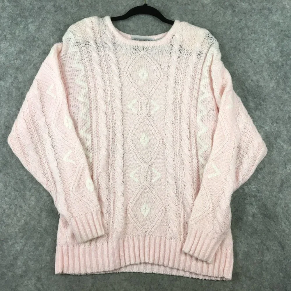 Vintage Grandma Sweater M Pastel Pink Cable Knit Oversized Balloon Sleeve White